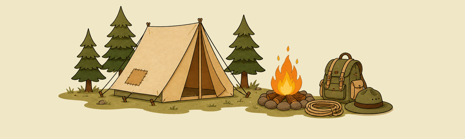 Illustrated campsite: tent, campfire, and scouting gear